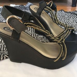 Candies black faux leather wedge sandals